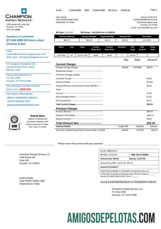 imprimível Modelo de comprovante de endereço de serviços de energia dos EUA Texas Champion em formato Word e PDF